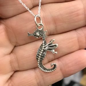 Handmade sterling silver seahorse, 18” chain